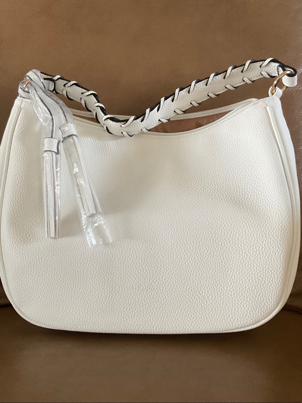 Simply Noelle White Textured Shoulder Bag with Braided Accent